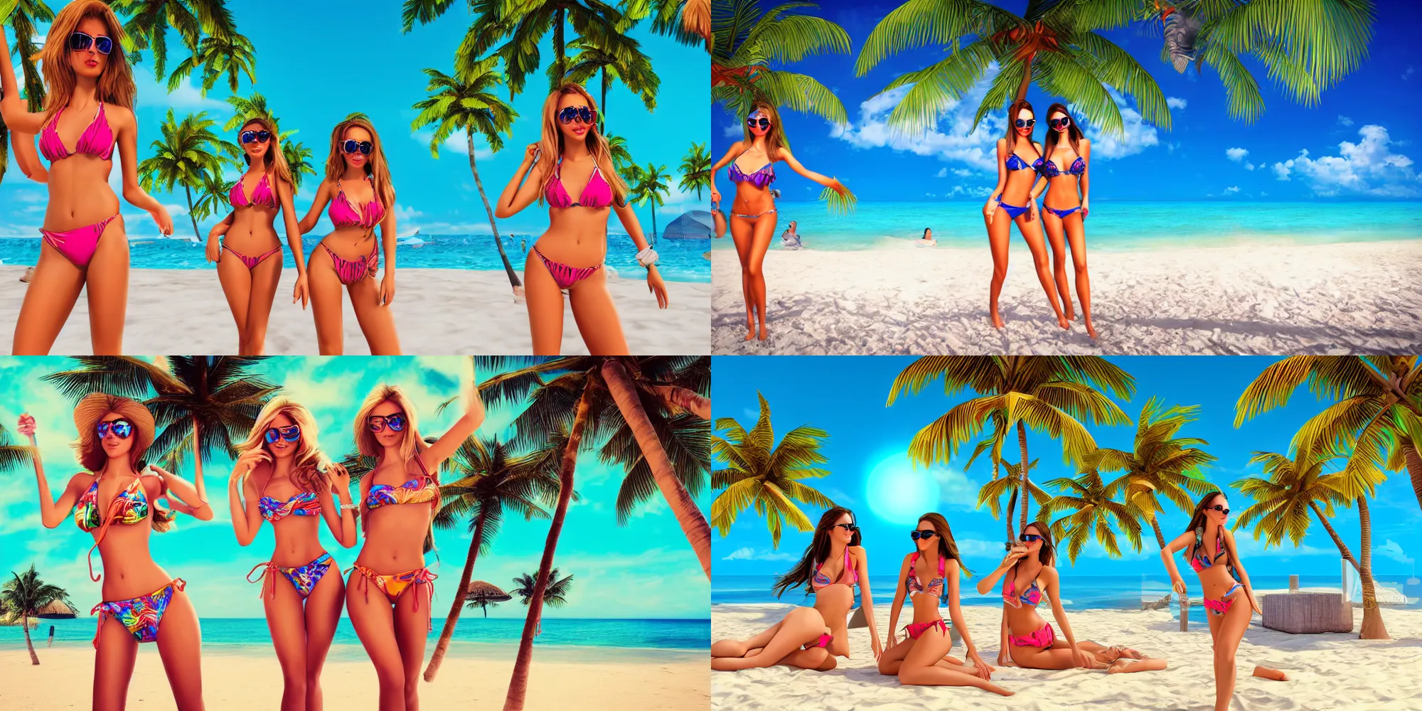 Prompt: extremely attractive bikini girls on a beach with palm trees high detail 3 d render octane art station digital art detailed sunglasses surfboard beach bar summer