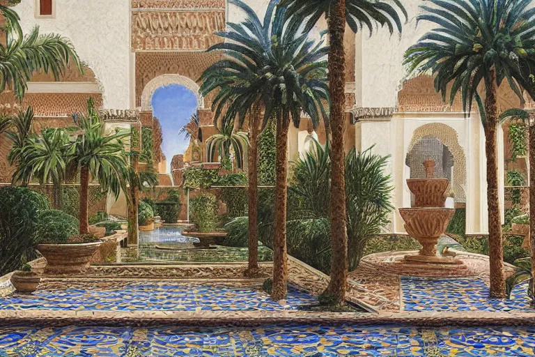 Image similar to painting of a beautiful moorish palace courtyard garden, by ludwig deutsch, patterned tilework, palm trees, tiled fountains, extremely detailed, dramatic lighting, smooth sharp focus