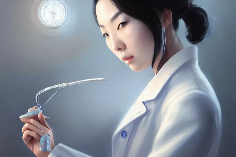 Image similar to an elegant and beautiful chinese female doctor in a white coat in a hospital ward, cinematic, highly detailed, digital painting, artstation, concept art, matte, sharp focus, illustration, art by artgerm and greg rutkowski