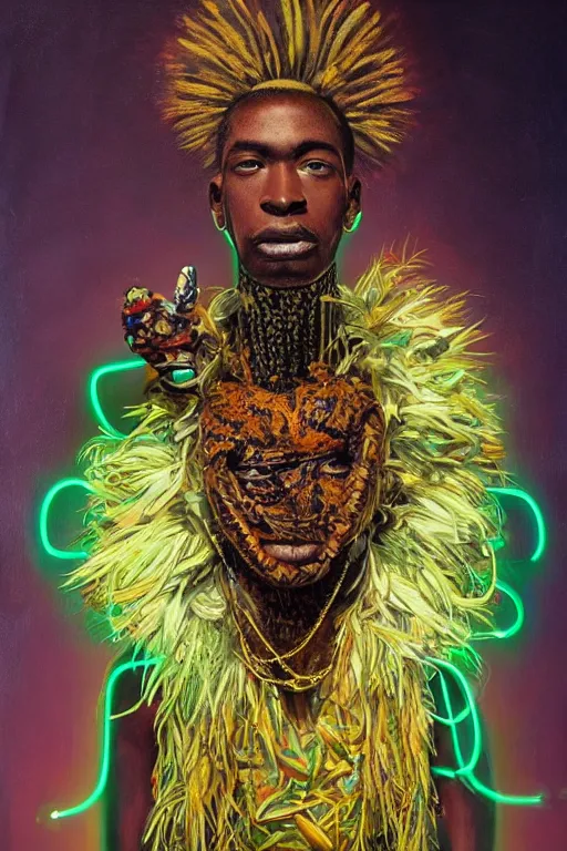 Image similar to detailed full body concept illustration of an African male with body augmentations, strong neon lighting, Afrofuturism, extravagant feathered collar, by Greg Staples, hyper realistic, HD, oil on canvas