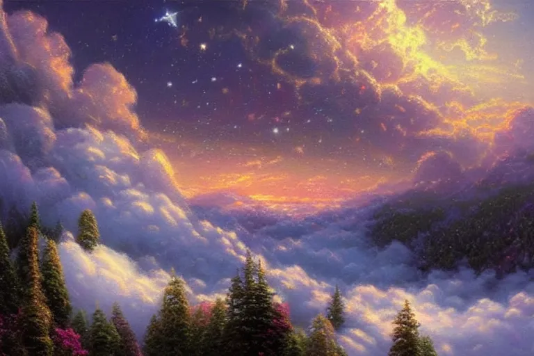 Prompt: a bed above the clouds and the stars, pastel sky, Beautiful accurate detailed painting by Thomas Kinkade