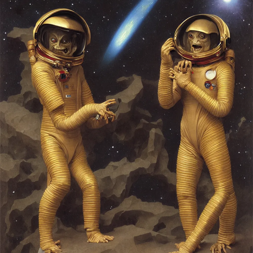 Image similar to a portrait of a gollum astronaut, wearing a chinese dragon spacesuit armor and helmet, in majestic, solemn, in space, by bouguereau