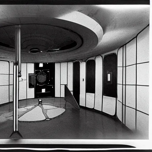 Image similar to interior of alien laboratory with strange device at the center of a room, color photograph