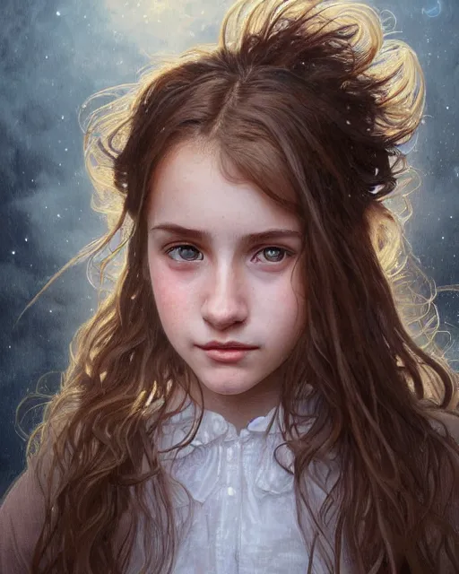 Prompt: portrait of 1 5 - year - old girl, little smile with large front teeth, hermione, very bushy brown hair, and very bright brown eyes, wearing white shirt, hyper realistic face, beautiful eyes, close up, fantasy art, in the style of greg rutkowski, intricate, alphonse mucha, hyper detailed, smooth
