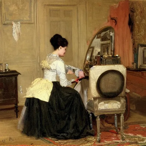 Image similar to seamstress working on a ballroom dress by alfred stevens