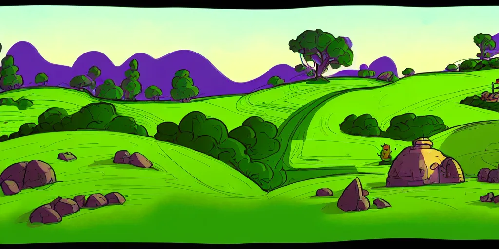 Prompt: chubby cartoon concept art, grass mountain night landscape, from sam and max