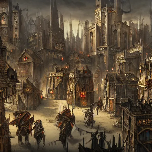 Prompt: dystopic medieval fantasy city, crowded streets, warhammer fantasy, rats, matte painting style, orthographic