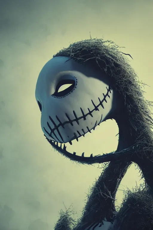 Image similar to a portrait of jack skellington, nightmare before christmas setting, dynamic pose, close - up, intricate details, intricately detailed clothing, intricate textures, warm lighting, vivid colors, smoke and mist, realistic octane render, hyper realistic render, volumetric shading, depth of field, raytracing, 8 k,