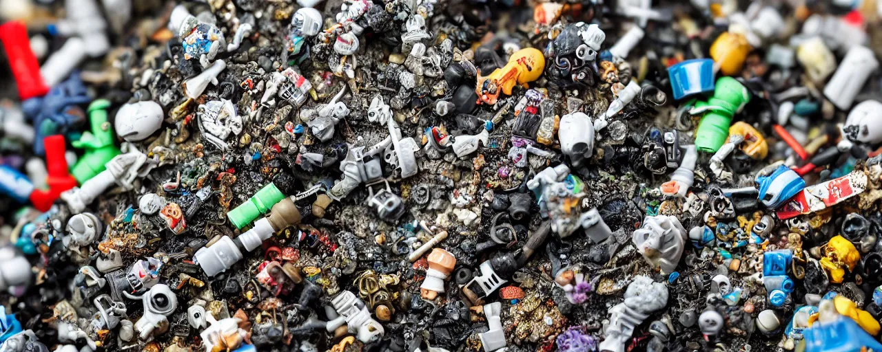 Image similar to a close up of a piece of plastiglomerate made from warhammer figures and vapes, photographic, highly detailed