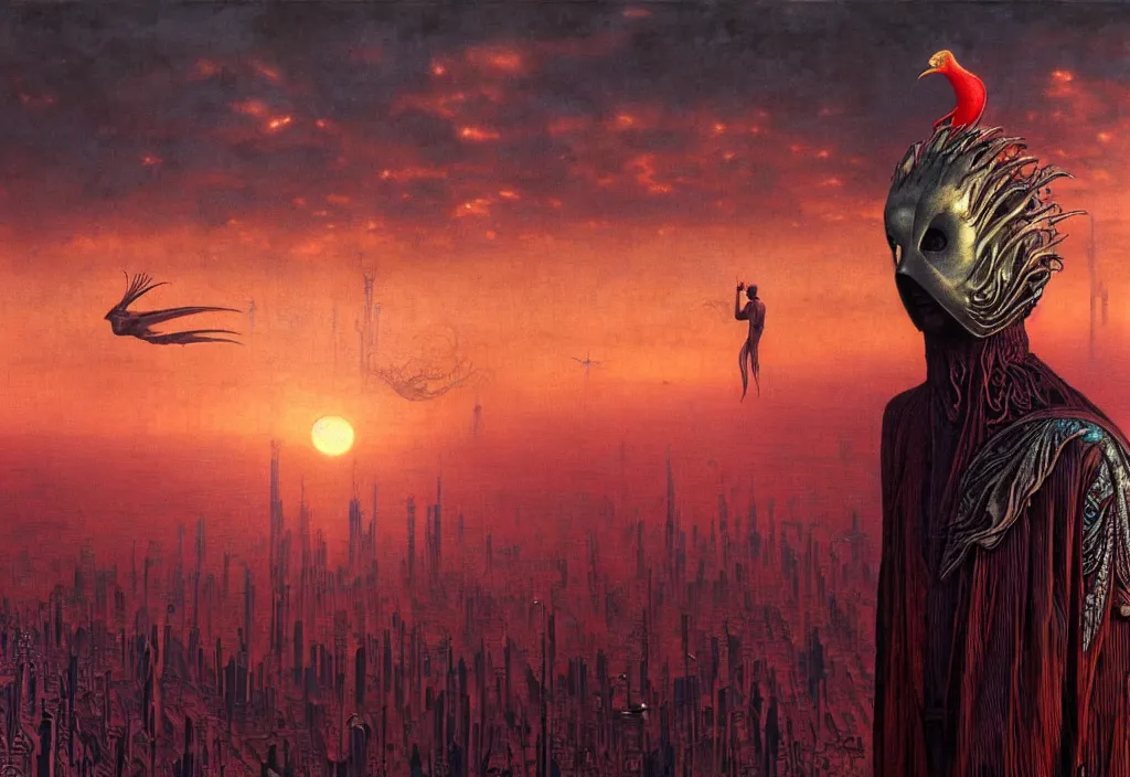 Image similar to realistic detailed portrait movie shot of a birdman wearing dark ragged robes, futuristic city sunset landscape background by denis villeneuve, amano, yves tanguy, alphonse mucha, ernst haeckel, max ernst, roger dean, rich moody colours, cinematic