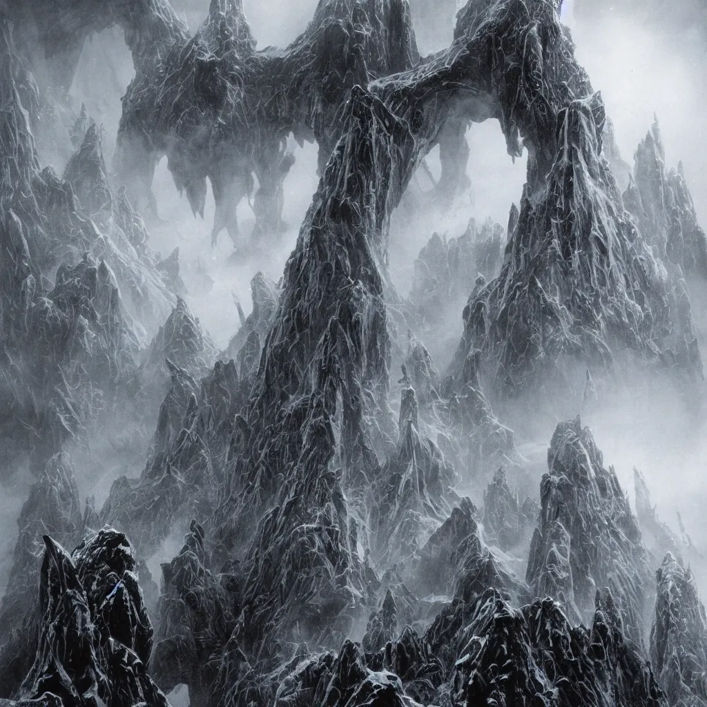 Image similar to haunted mountains of madness in antarctica surrounding an great monolithic city of insane alien towers and blasphemous megastructures, upward cinematic angle, by rodney matthews, michael kaluta, giger, p. craig russell and bill sienkiewicz, ghostly atmosphere, thick lush winter aesthetics, stunning composition, alien creature faces, monstrous animal gods, intricate, strange, elegant, digital art, hyperdetailed, colorful hyperrealism, brilliant photorealism, horror, masterpiece, 4k