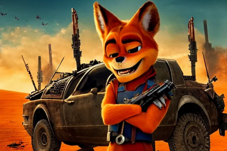 Image similar to nick wilde, heavily armed and armored facing down armageddon in a dark and gritty reboot from the makers of mad max : fury road