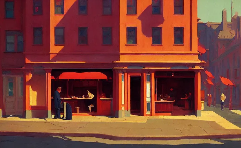 Image similar to Mysteriuos Tavern, very coherent, painted by Edward Hopper, Wayne Barlowe, painted by James Gilleard, airbrush, art by JamesJean