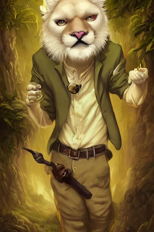 Prompt: cute anthropomorphic albino mountain lion wearing a yellow button-down shirt and olive green slacks, pretty, beautiful, DnD character art portrait, matte fantasy painting, DeviantArt Artstation, by Jason Felix by Steve Argyle by Tyler Jacobson by Peter Mohrbacher, cinematic lighting