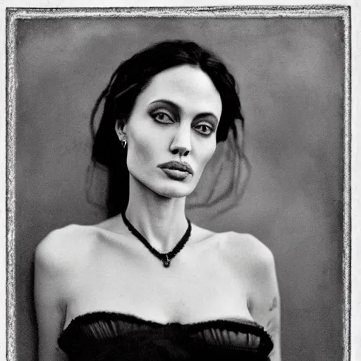 Prompt: victorian photograph of angelina jolie, 1 8 9 0 s photography, 1 9 0 0, graceful, realistic face, symmetrical face, studio photograph, grainy, edwardian, old photo