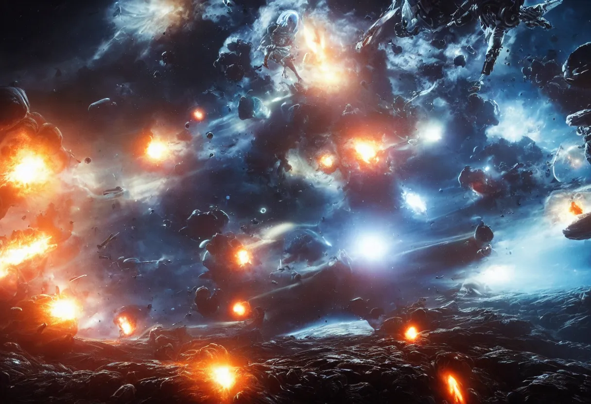 Prompt: horrendous space battle between aliens and humans, planets and galaxy exploding in background, hyperrealism, realistic, dramatic lighting, octane render, highly detailed, cinematic lighting, cinematic, art by rubens and rutkowski and rembrandt