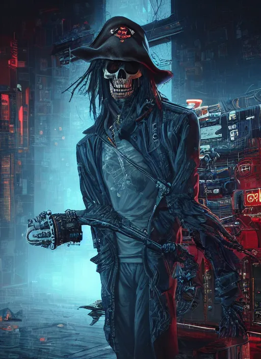 Prompt: a cyberpunk hacker pirate captain skeleton with a pirate hat sitting in front of a huge old crt monitor in a dark room, highly detailed, intricate, digital art, trending on artstation, trending on cgsociety