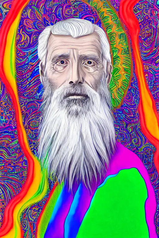 Prompt: beautiful detailed acrylic painting of a psychedelic and mystical elderly man, has white hair and beard, surrounded by multicolored spiritual ghosts