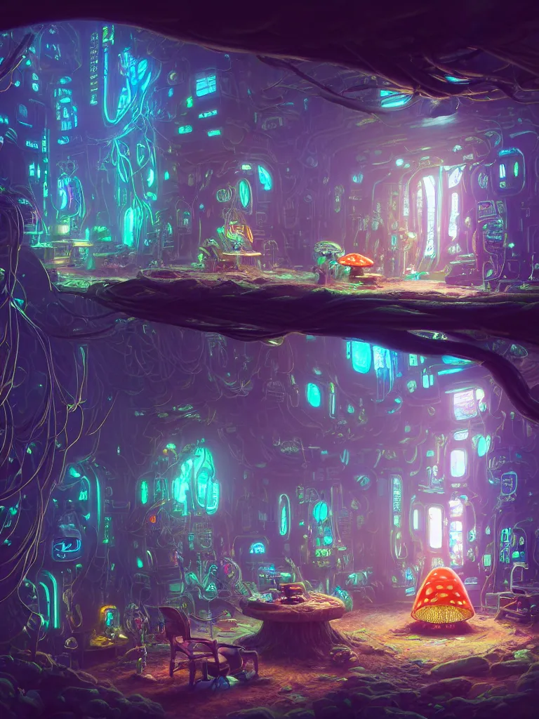 Prompt: the interior of a celestial cyberpunk cottage in a bioluminescent tree trunk decorated beautifully, lots of cyberpunk design elements like gigantic toadstool mushrooms and robots, warm sunlight shining in, lots of plants and cables, concept art 8 k resolution, fantasy illustration, sharp focus, detailed painting, deep color, volumetric lighting, crepuscular rays