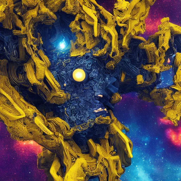 Prompt: portrait of a destroyer of galaxies, indigo and yellow. intricate abstract. intricate artwork. nightmare fuel. by tooth wu wlop beeple dan mumford. octane _ render