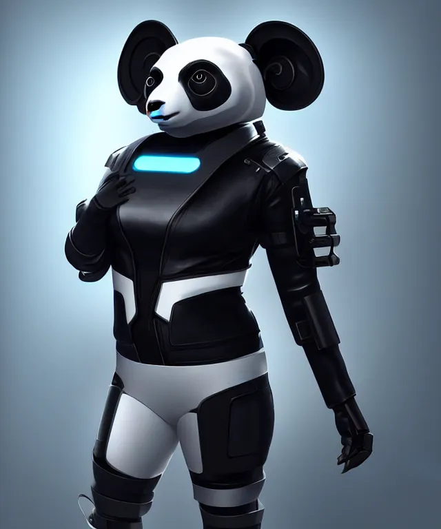 Image similar to futuristic cyberpunk android panda, duo tone, reflective skin, trending on Artstation