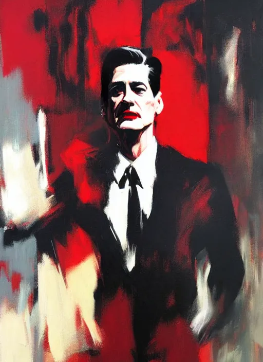 Image similar to agent dale cooper, red curtains, mysterious!! painting by phil hale, 'action lines'!!!, graphic style, visible brushstrokes, motion blur, blurry