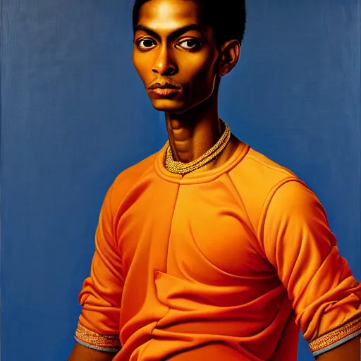 Image similar to A portrait of a skinny modern and stunning non-binary person, medium skin tone, Indian, oil painting by Kehinde Wiley, majestic, detailed, high resolution