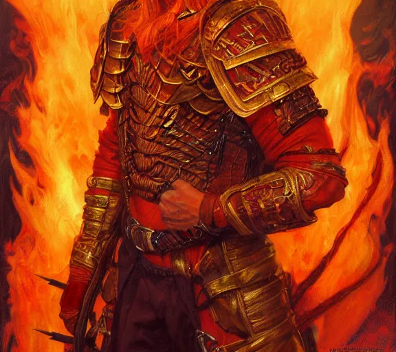 Image similar to The Fire King, beautiful young ginger man, fire, flames, dramatic, hyperdetailed | donato giancola, ralph horsley, Artem Demura | waist-up portrait | dungeons and dragons