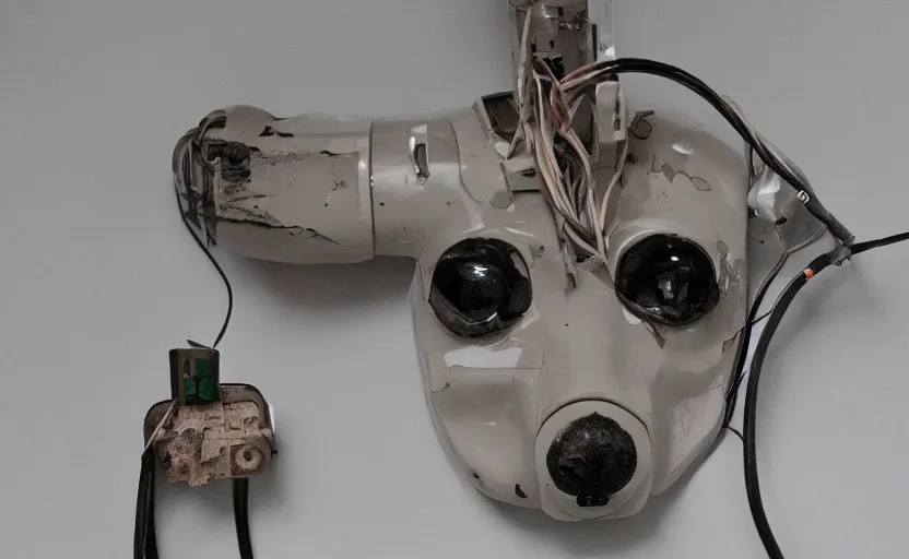 Image similar to wounded laying dog robotic, sad eyes, photography, wires, circuit, electricity, realistic