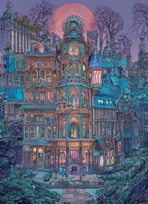 Prompt: nonsensical whimsical beautiful magical city structures, mind bending buildings, moebius, dan mumford, fantasy magic city, digital illustration