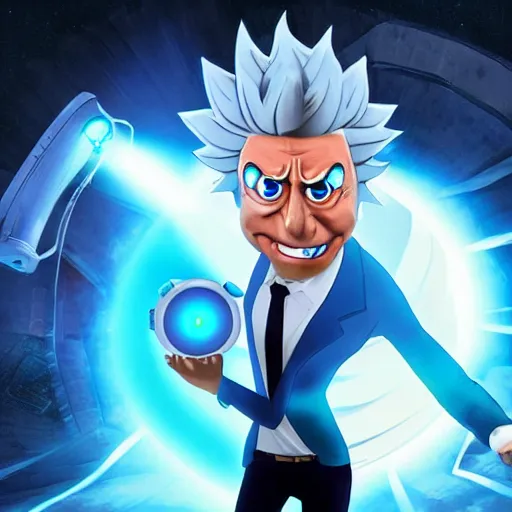 Image similar to Rick Sanchez as a real-life person, studio portrait, real-life-action movie star, holding a portal gun, opening a portal, Rick Sanchez