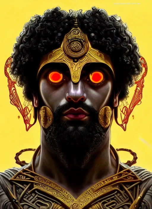 Prompt: portrait of greek god ares, black curly hair, glowing eyes, volumetric lights, war, weapons, yellow red scheme, art nouveau botanicals, gothic, intricate, highly detailed, digital painting, artstation, concept art, smooth, sharp focus, symmetric face, illustration, steampunk, art by artgerm and greg rutkowski and alphonse mucha