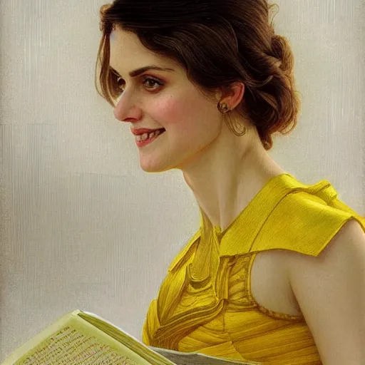 Image similar to a smiling alexandra daddario wearing a yellow dress and reading a book, masterpiece, intricate, elegant, highly detailed, digital painting, artstation, concept art, smooth, sharp focus, illustration, art by artgerm and greg rutkowski and alphonse mucha and uang guangjian and gil elvgren and sachin teng, symmetry!!