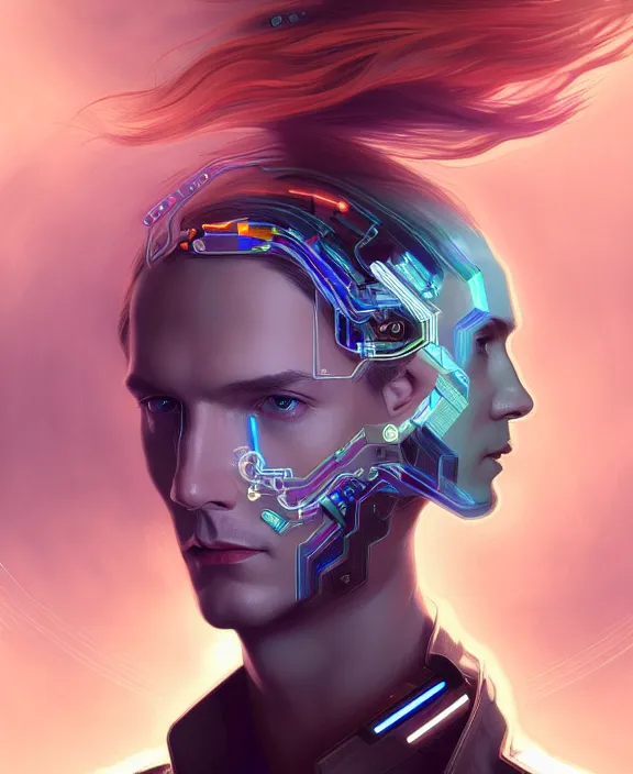 Image similar to a whirlwind inside the metaverse, guy, male, man, hologram, half body, neurochip, android, cyborg, cyberpunk face, by loish, d & d, fantasy, intricate, elegant, highly detailed, colorful, digital painting, artstation, concept art, art by artgerm and greg rutkowski and alphonse mucha