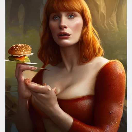 Image similar to portrait of Bryce Dallas Howard eating hamburgers, extra onions and ketchup, luscious patty with sesame seeds, feminine ethereal, handsome, D&D, fantasy, intricate, elegant, highly detailed, digital painting, artstation, concept art, matte, sharp focus, illustration, art by Artgerm and Greg Rutkowski and Alphonse Mucha