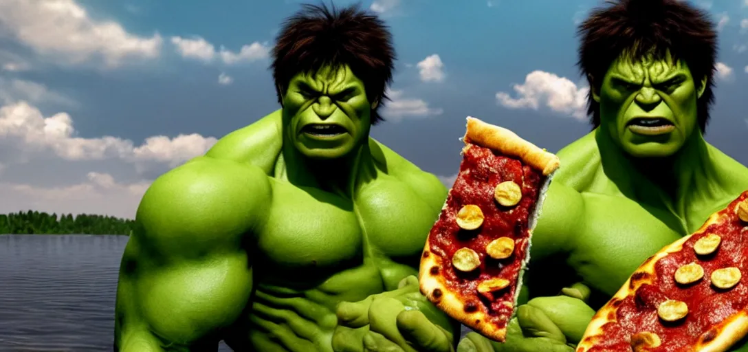 Image similar to a very high resolution image from a new movie. hulk eating pizza on a lake, photorealistic, photography, directed by wes anderson