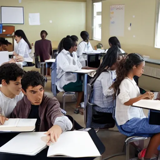 Prompt: students studying in a classroom on computers