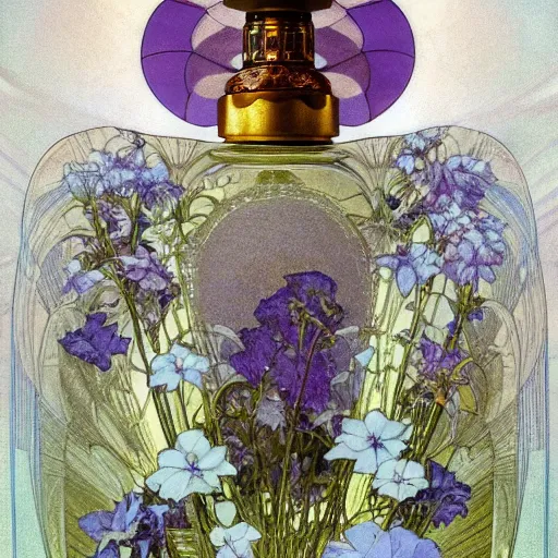 Prompt: perfume bottle surrounded by artistic, blurred blue and lilac flowers, white background, simple path traced, environment, up close shot shinji aramaki, karol bak, alphonse mucha