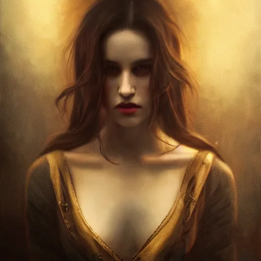 Image similar to majestic gracious regal aristocratic brunette female vampire portrait, atmospheric lighting, painted, menacing, intricate, volumetric lighting, beautiful, rich deep colours masterpiece, golden hour, sharp focus, ultra detailed, by leesha hannigan, ross tran, thierry doizon, kai carpenter, ignacio fernandez rios