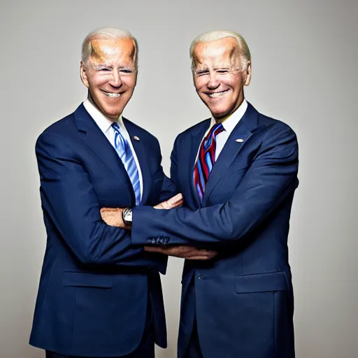 Image similar to A portrait photo of joe biden teams up with a teenage joe biden, perfect faces, 50 mm, award winning photography