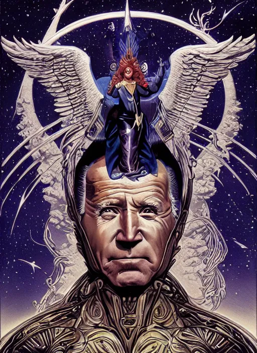 Image similar to joe biden's angelic true form revealed, fantasy, heroic, high details, intricate details, by vincent di fate, artgerm julie bell beeple, 1 9 8 0 s, inking, vintage 8 0 s print, screen print