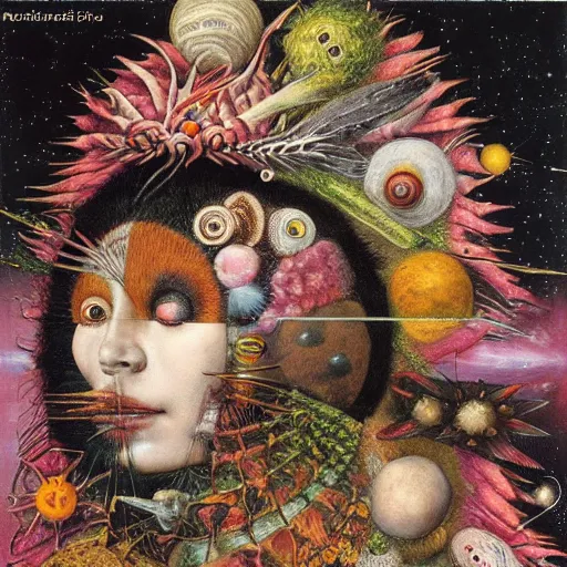 Image similar to album cover, space, magic, new age, black, white, pink, psychedelic, giuseppe arcimboldo