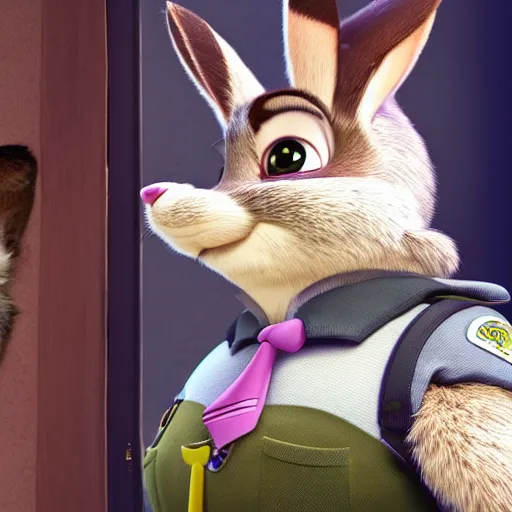 Image similar to Judy Hopps, the rabbit police officer from Zootopia, interrogating Hannibal Lecter from Silence of the Lambs, mashup, 4k movie still