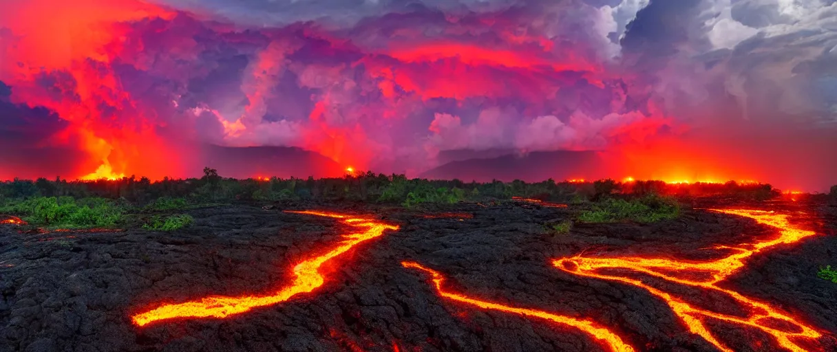 Image similar to lava flowing trough the amazone lightning clouds, sunset, mountains, 4 k, hd, explosive, colorfull