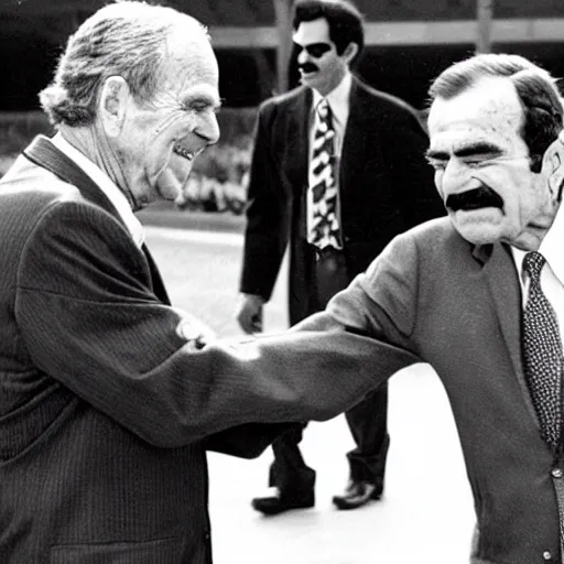 Prompt: George H.W. Bush punches Saddam Hussein, historical photo