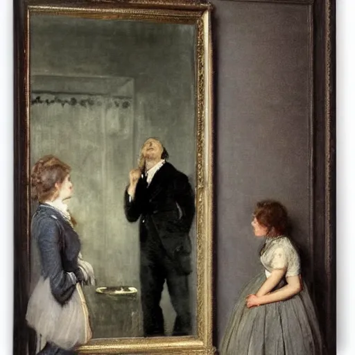 Image similar to gentleman watching in horror as an evil ghost exits a mirror by alfred stevens