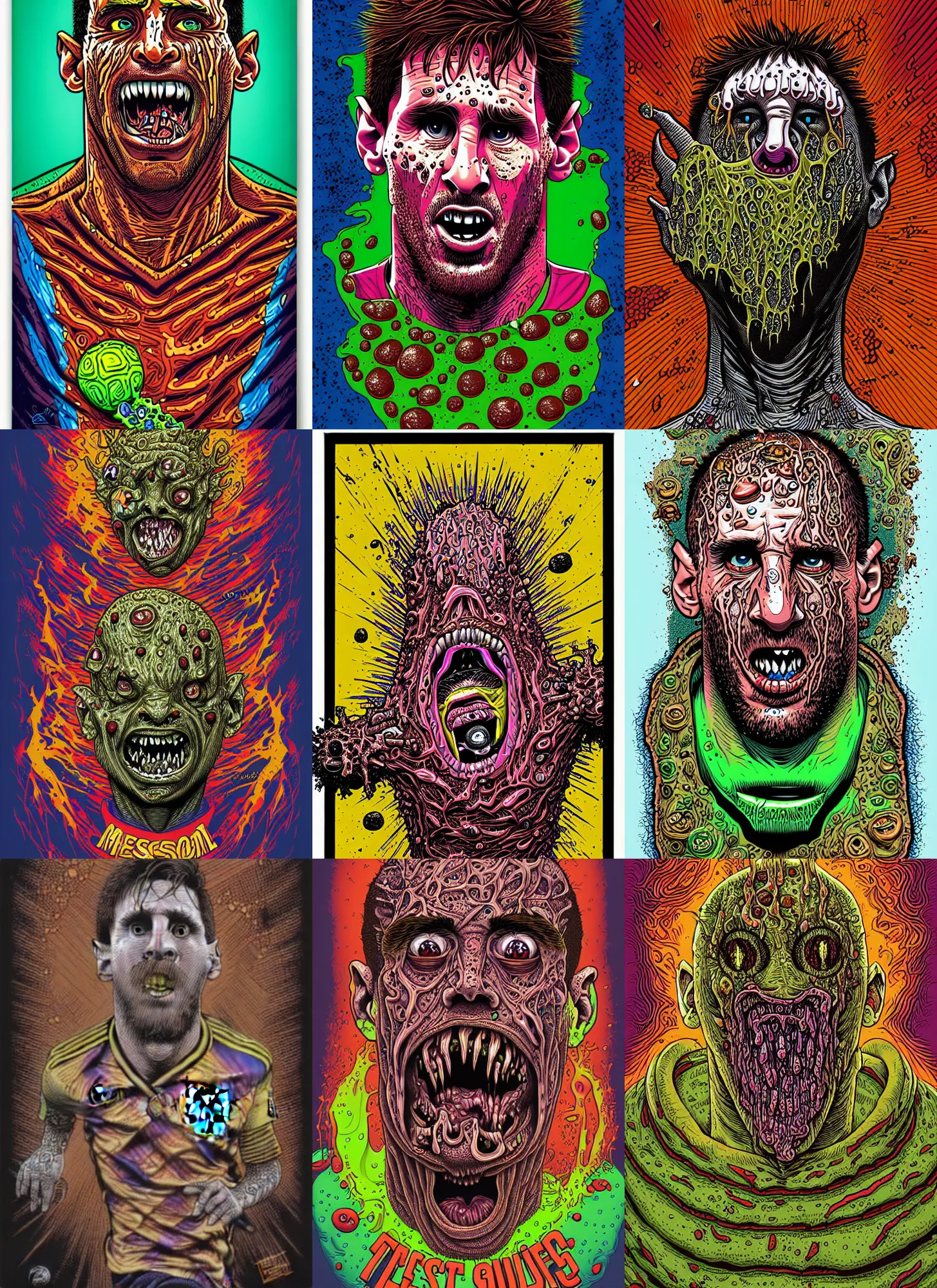 Image similar to messi's disgusting true form bursting from within, gross, slimy, sleazy, pustules, high details, intricate details, by dan mumford