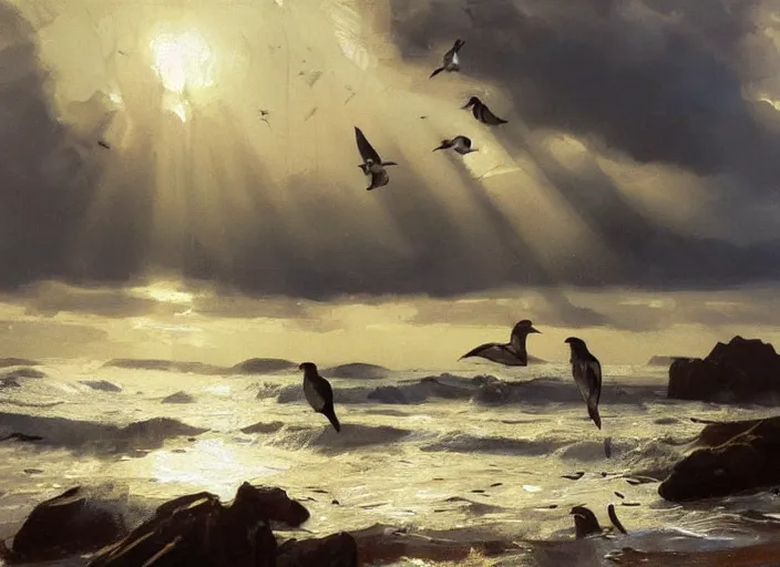 Image similar to oil painting of medieval seabirds roaming the ocean in dawn by anders zorn, wonderful art by greg rutkowski, incredible lighting, shadows, beautiful cinematic light, american romanticism by greg manchess, tall rocky mountains and storm clouds, sun rays, sunshine, bright sunny summer day, tall backlit waves, wild water, reflections