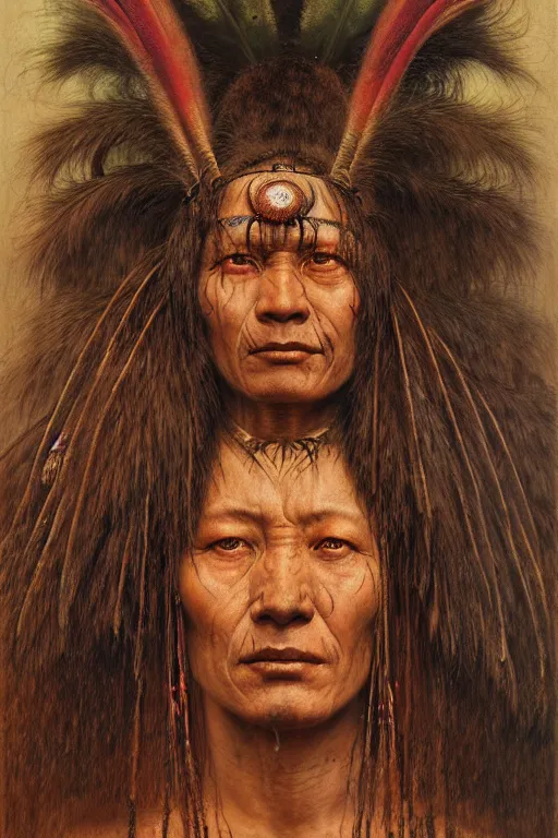 Image similar to a portrait of yanomami by wayne barlowe, gustav moreau, goward,  Gaston Bussiere and roberto ferri, santiago caruso, and austin osmanh spare, ((((occult art))))