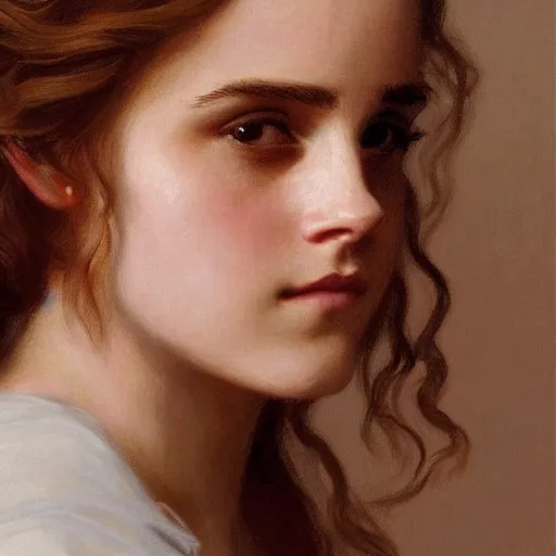 Image similar to Painting of Emma Watson as Hermione Granger. Art by william adolphe bouguereau. During golden hour. Extremely detailed. Beautiful. 4K. Award winning.